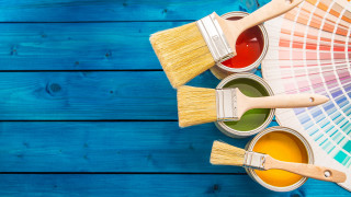 Blue wooden table paintbrush paintcans - different color of paint free wallpaper
