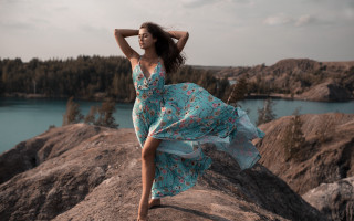 Woman blue dress lake outdoor - a lake and trees free wallpaper
