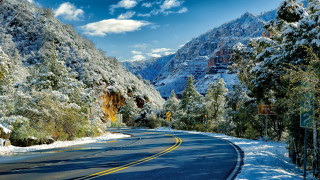Snowy mountain road bridge forest - snow covered mountains and trees free wallpaper