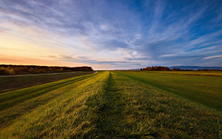 Field road sky clouds ocean - wide angle len free wallpaper for desktop