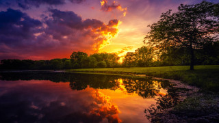 Sunset lake clouds reflection trees - colorful cloud free wallpaper