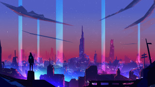 City skyline rooftop night fireworks - retrofuturism free wallpaper