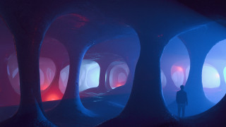 Man tunnel blue red lights - volumetric lighting free wallpaper for desktop