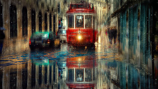 Red trolley street reflection cityscape - surreal free wallpaper