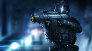 Futuristic suit gun glowing light - a futuristic suit holding free wallpaper for desktop