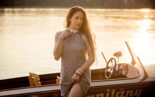 Woman boat lake sunset steering - wheel free wallpaper