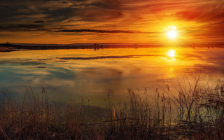 Sunset lake clouds trees grass 2 - a sunset over a lake free wallpaper