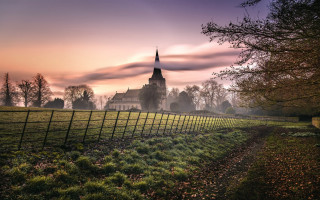 Church fence field trees sunset - grass and trees free wallpaper