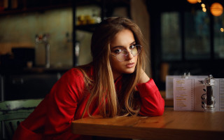 Woman sitting table menu drink - a drink in front free wallpaper