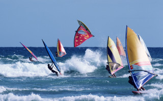 Sailboarders wave ocean sails wind - in the ocean free wallpaper
