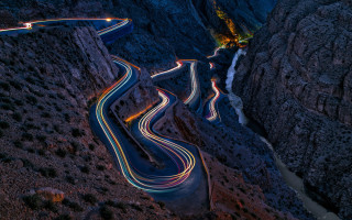 Winding road lights mountains night 2 - rim light free wallpaper for desktop