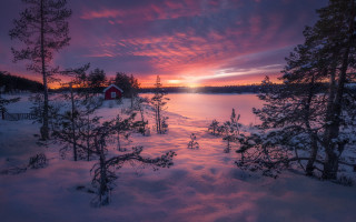 Sunset lake trees house red - a red roof free wallpaper