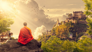 Man sitting castle birds mountains - fang congyi free wallpaper