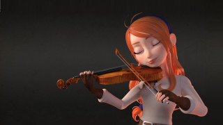 Cartoon girl violin kinetic art - a black background behind her free wallpaper for desktop