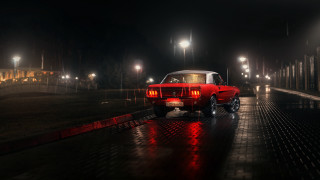 Red car night rain city - a wet road free wallpaper for desktop
