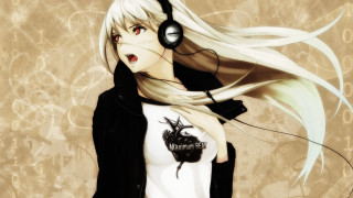 Woman headphones black jacket listening - a white hair free wallpaper