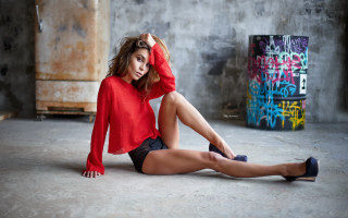 Woman sitting red shirt black - anna katharina block free wallpaper