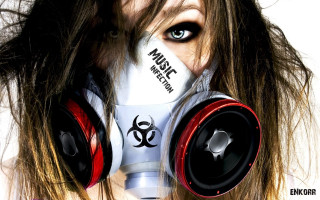 Woman gas mask headphones wind - her face and hair free wallpaper