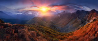 Mountain sunset clouds forest lake - crepuscular free wallpaper for desktop