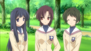 Anime girls park trees grass 2 - three anime girl free wallpaper