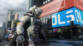 Futuristic man city street billboard - a futuristic suit free wallpaper for desktop