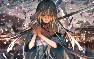 Girl long hair sword cityscape - long hair and a sword free wallpaper