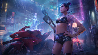 Cyberpunk woman neon city motorcycle - a woman in a bikini holding free wallpaper