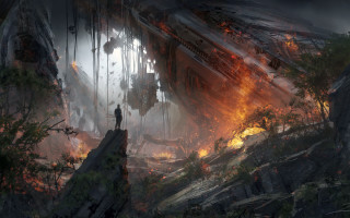 Sci fi cliff fire embers - matte painting concept art free wallpaper for desktop