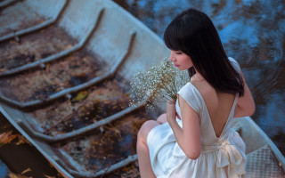 Girl white dress boat flower - cinematic photography free wallpaper for desktop