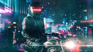 Man motorcycle cyberpunk neon city - synthwave style free wallpaper for desktop
