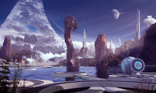 Futuristic city floating island background - matte painting concept art free wallpaper for desktop