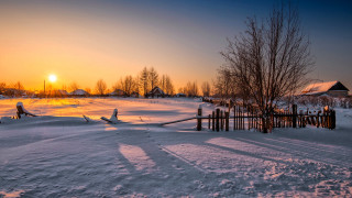 Sunset snowy field fence trees - a fence and trees free wallpaper