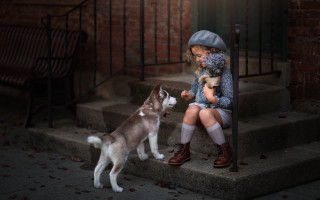 Little girl steps dog cat - step free wallpaper