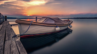 Docked boat sunset cityscape clouds - the dock free wallpaper