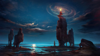 Man standing rock ocean night - a rock formation in the ocean free wallpaper