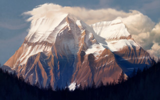 Snowy mountain trees cloudy sky - digital painting free wallpaper
