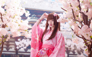 Pink kimono sakura portrait flowers - chen jiru free wallpaper for desktop