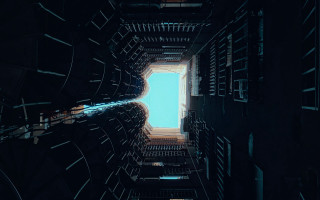 Blue light room bridge cityscape - deep 3 point perspective free wallpaper