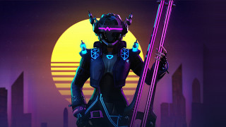 Futuristic suit skier neon city - a futuristic suit holding free wallpaper for desktop