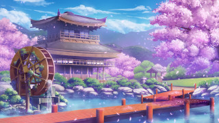 Water wheel bridge park cherry - official art free wallpaper for desktop