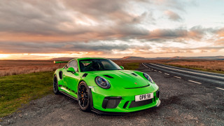 Green sports car sunset cloudy - the side of a road free wallpaper for desktop