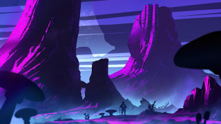 Futuristic purple landscape mountains man - a purple hue free wallpaper
