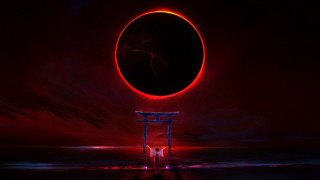 Red moon beach night torii - a red circle free wallpaper
