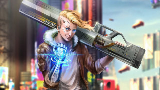 Futuristic city girl giant gun - a futuristic city in the background free wallpaper for desktop