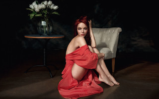 Woman red dress sitting vase - a vase of flowers free wallpaper