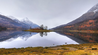 Mountain lake forest snowy peaks - snow covered mountains and trees free wallpaper