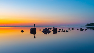 Lake rocks flag sunset dawn - akseli gallenkallela free wallpaper for desktop