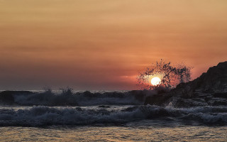 Sunset ocean waves rocks tree - andrew geddes free wallpaper for desktop
