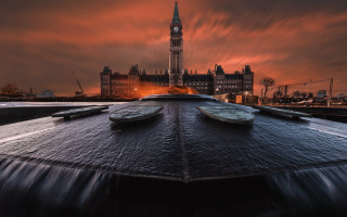 Cityscape tower sunset clouds river - a clock tower in the background free wallpaper