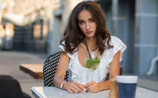 Woman sitting drink laptop bokeh - eszter mattioni free wallpaper